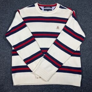 Vintage Tommy Hilfiger Mens Striped Cotton Knit Sweater Cream Navy Red Sz M